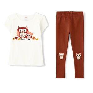 New Gymboree Girls 5T Embroidered Owl Top & Leggings Set White Autumn Harvest
